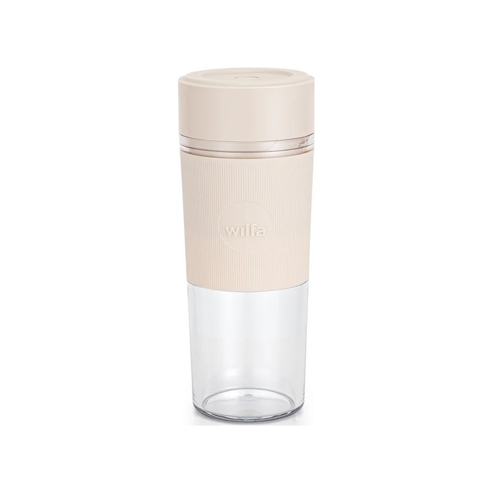 Ein beiger Becher mit durchsichtigem Boden und geripptem Mittelteil mit dem Logo.