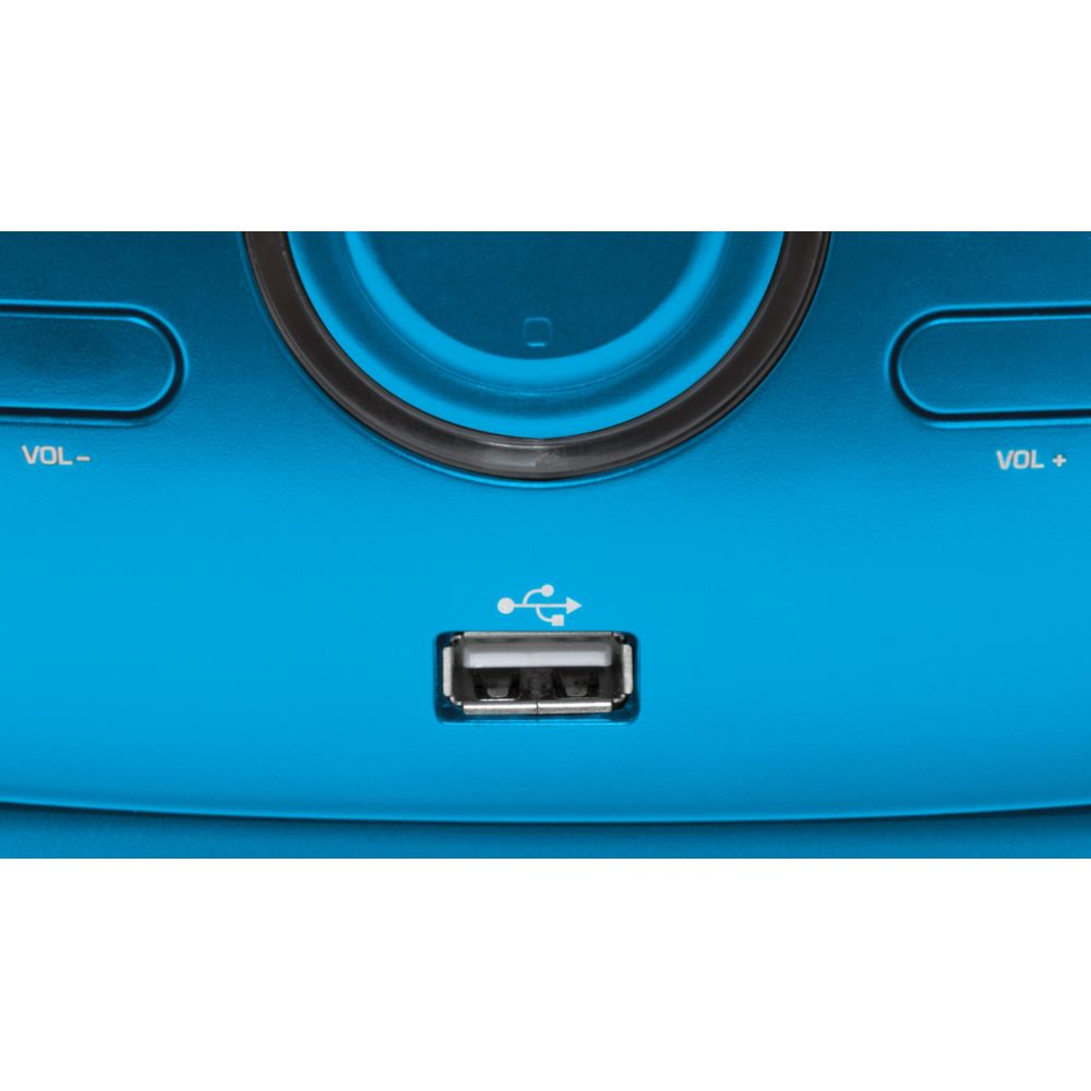 Haut-parleur bleu avec port USB et boutons de volume.