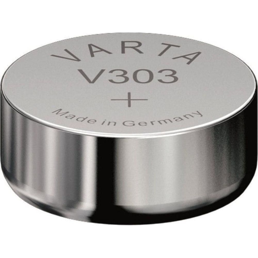 Eine silberne Varta V303 Knopfzellenbatterie mit der Aufschrift Made in Germany.