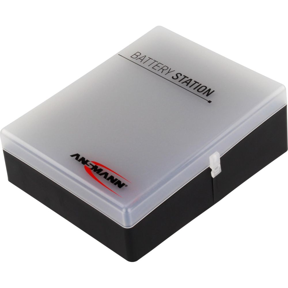 Schwarze Batteriestation mit transluzentem Milchglasdeckel und Ansmann-Logo.