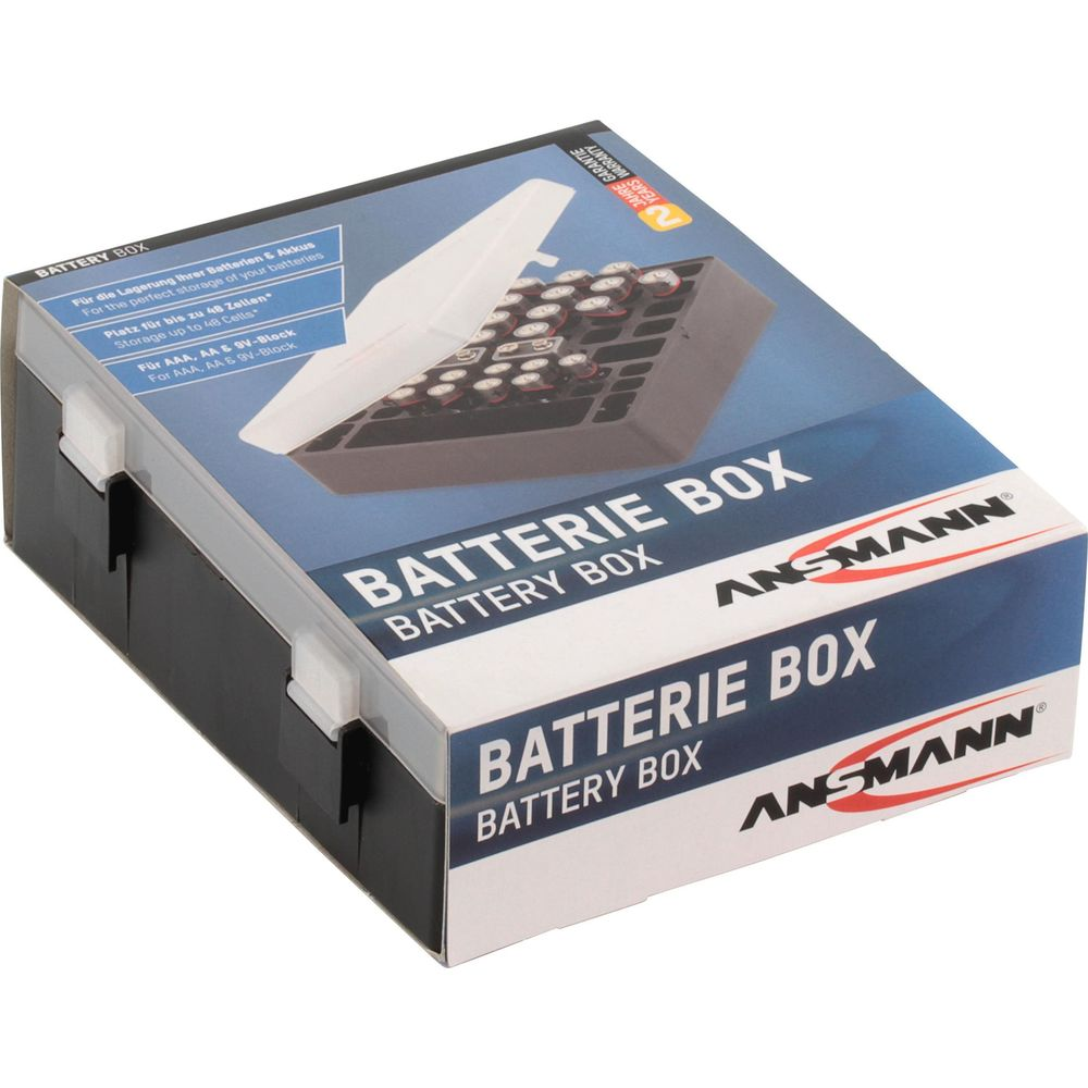 Batteriebox für bis zu 48 AAA, AA und 9V Batterien von Ansmann.