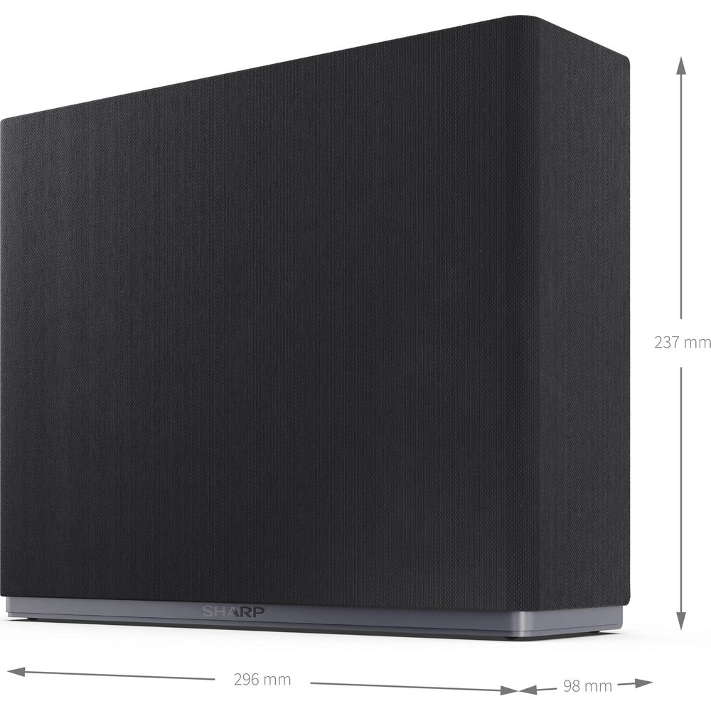 Altavoz rectangular negro con base gris. Dimensiones: 296x237x98 mm.