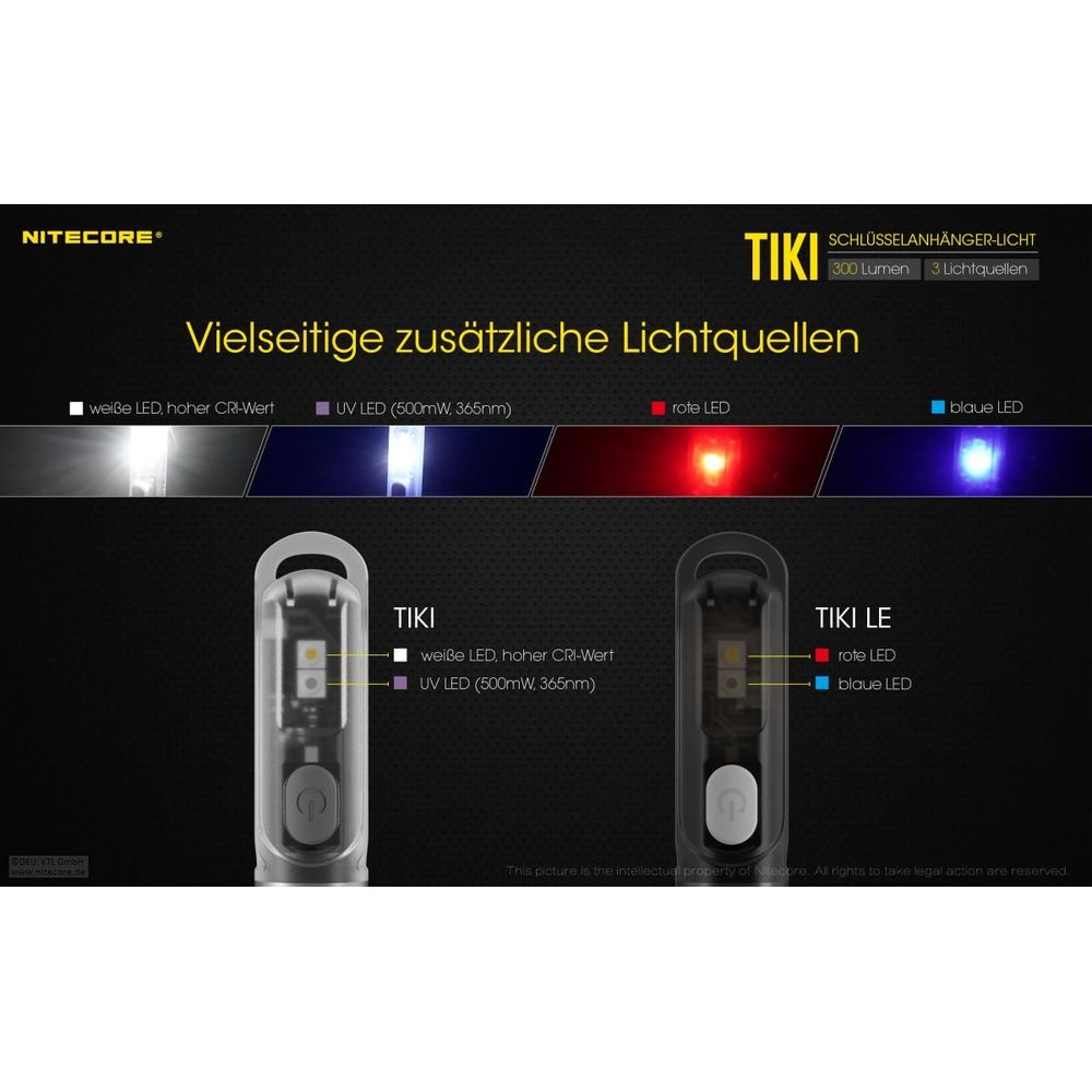 Nitecore Tiki: weiß, UV, rot und blau LEDs. Zwei Modelle Tiki & Tiki LE.