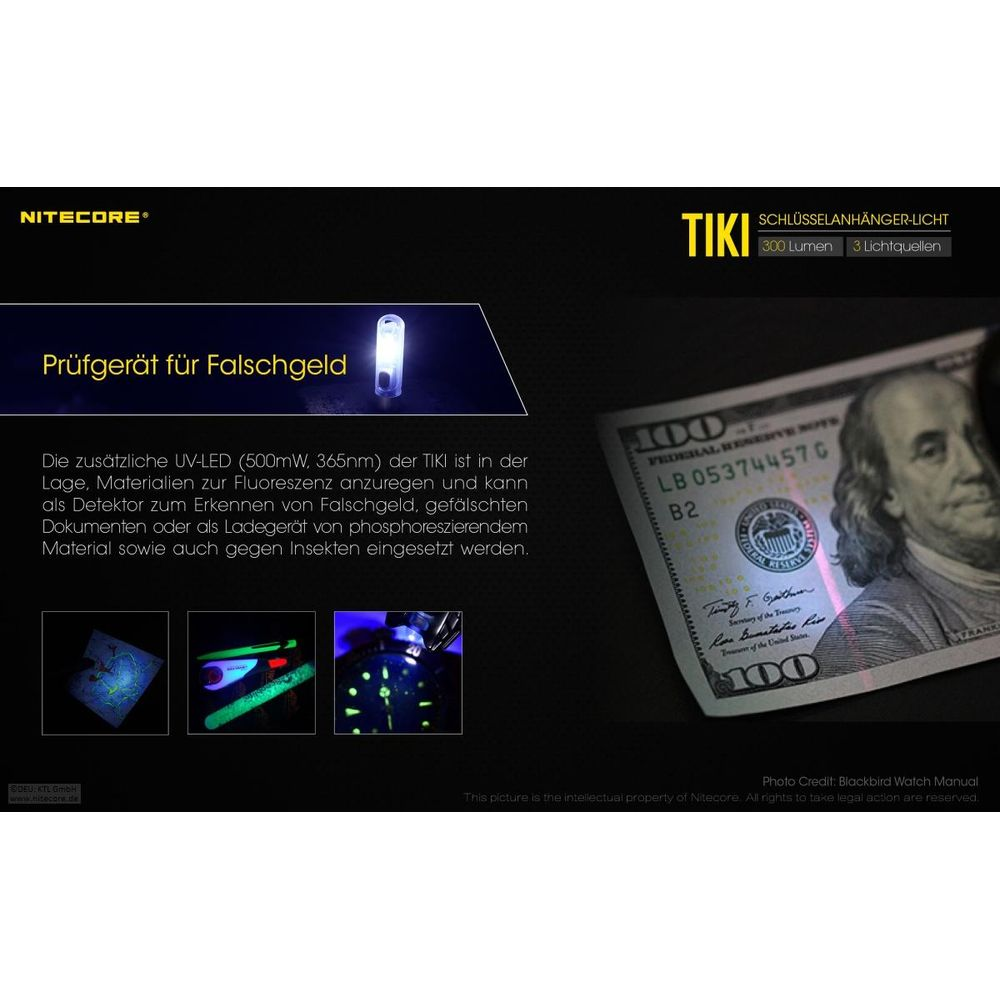 Nitecore Tiki UV-LED-Licht prüft Falschgeld. Zeigt fluoreszierende Materialien an.