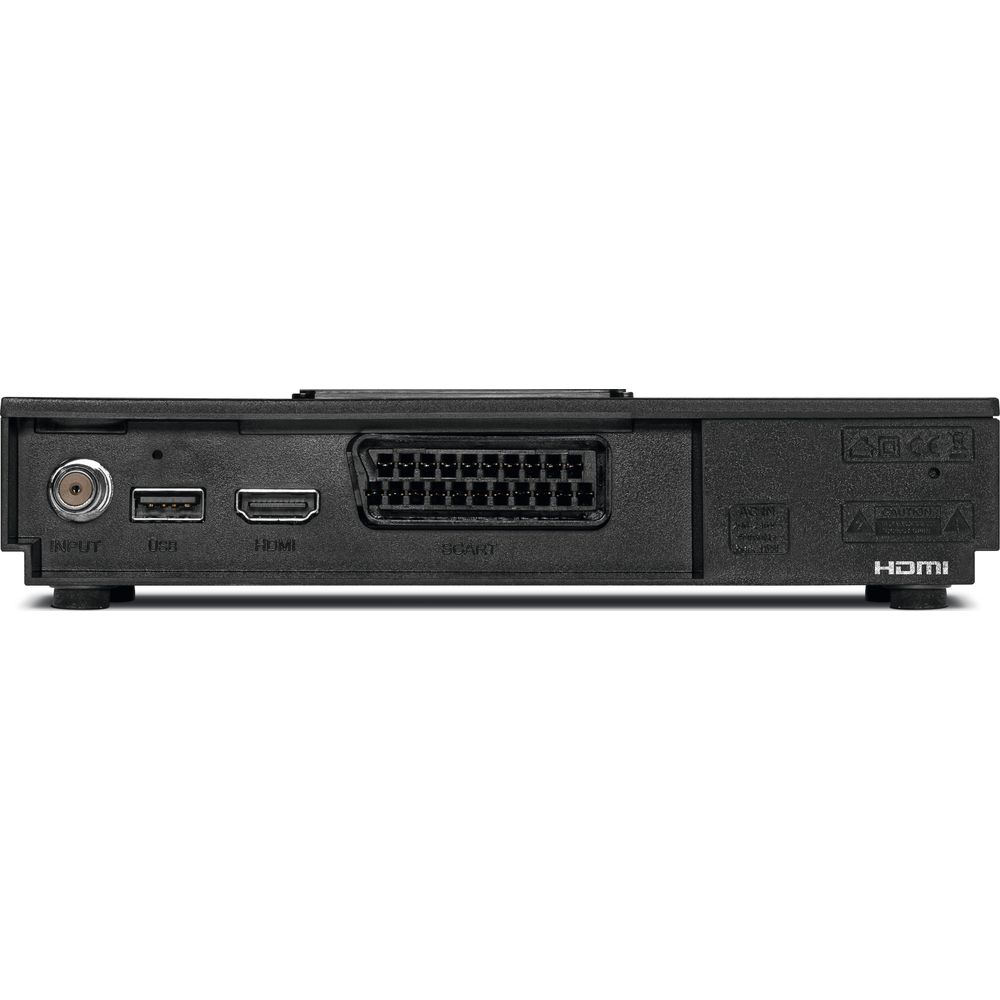 Rückseite eines schwarzen Geräts mit Anschlüssen: Antenne, USB, HDMI, SCART und HDMI-Logo.