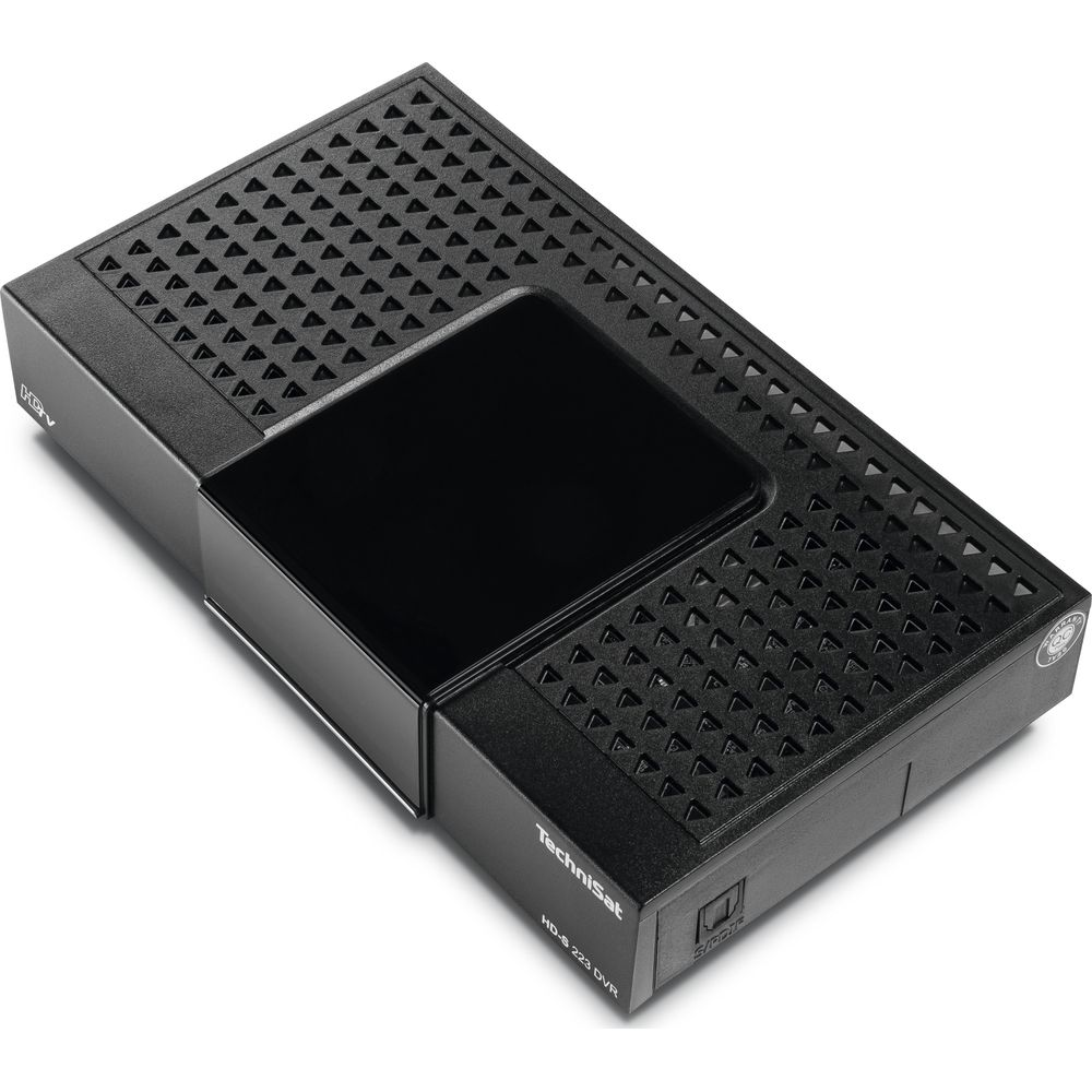 Schwarzes TechniSat HD-S 223 DVR-Gerät mit Lüftungsschlitzen und glänzender Oberfläche.