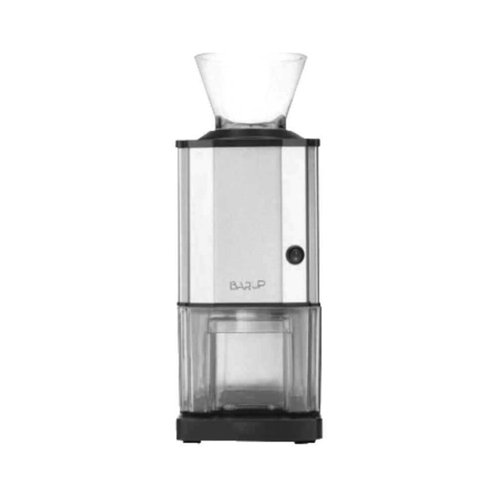 Un prototipo di smerigliatrice da caffè elettrica argentata con contenitore in vetro.