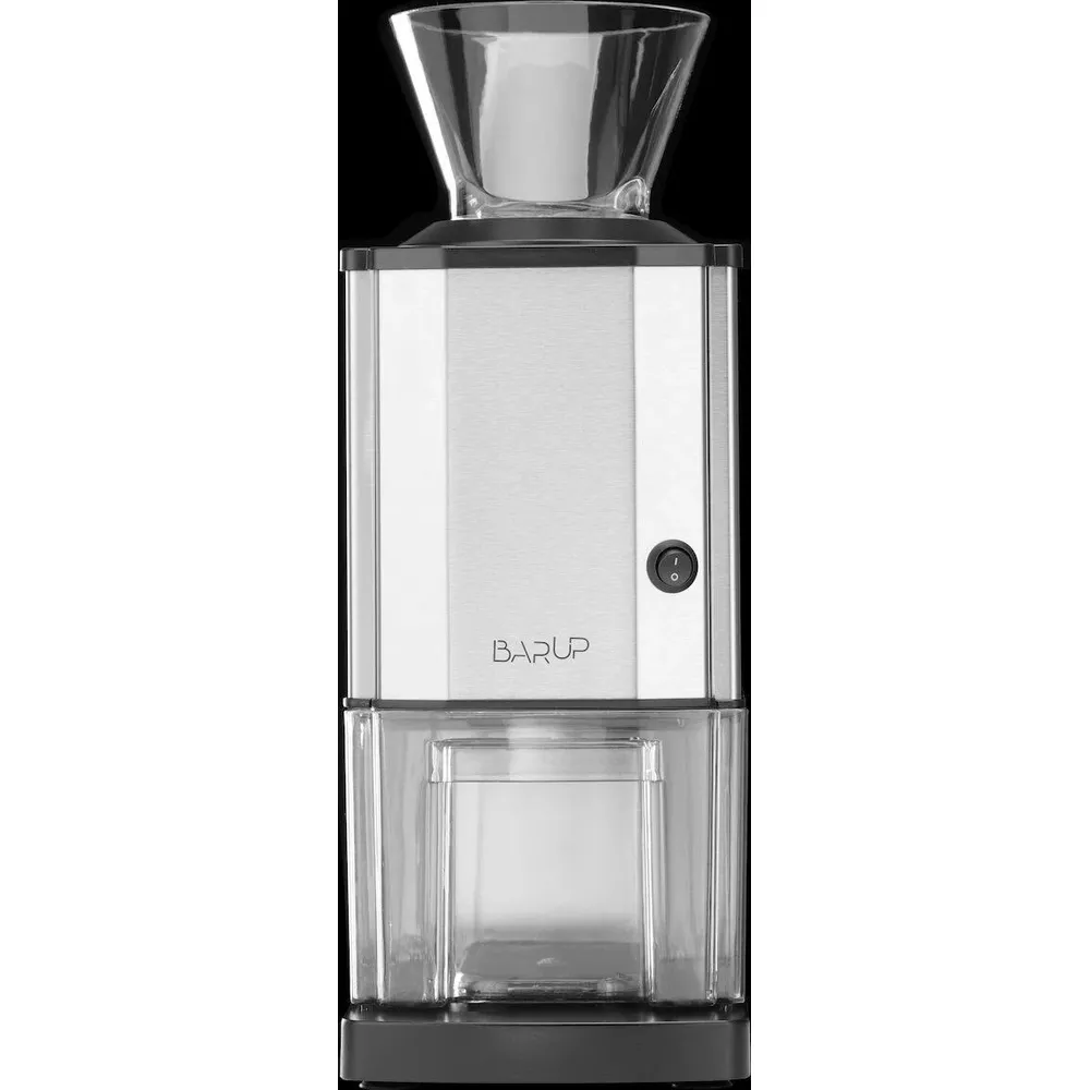 Un macinacaffè Barup argentato con contenitore in vetro e imbuto.
