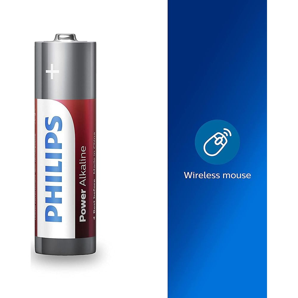 Una batteria AA Philips e un'icona del mouse wireless su sfondo blu.