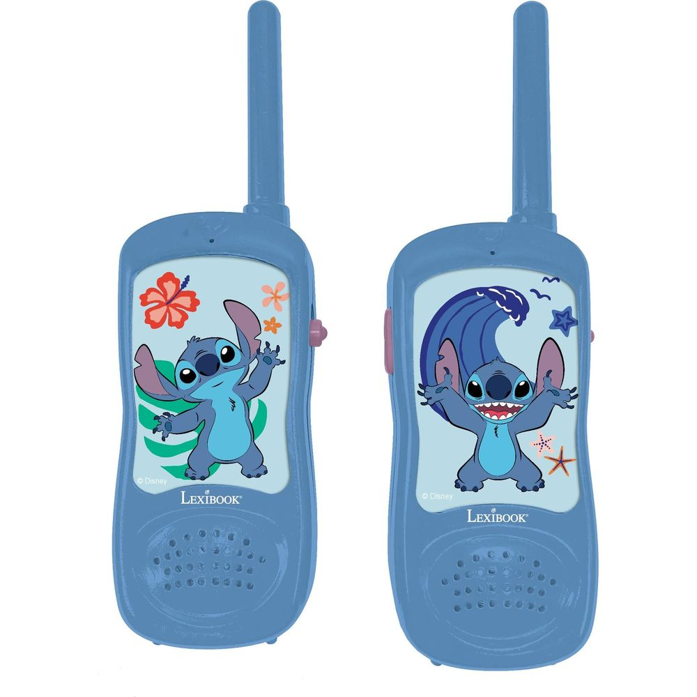 Dos walkie-talkies azules de juguete con Stitch, flores y olas.