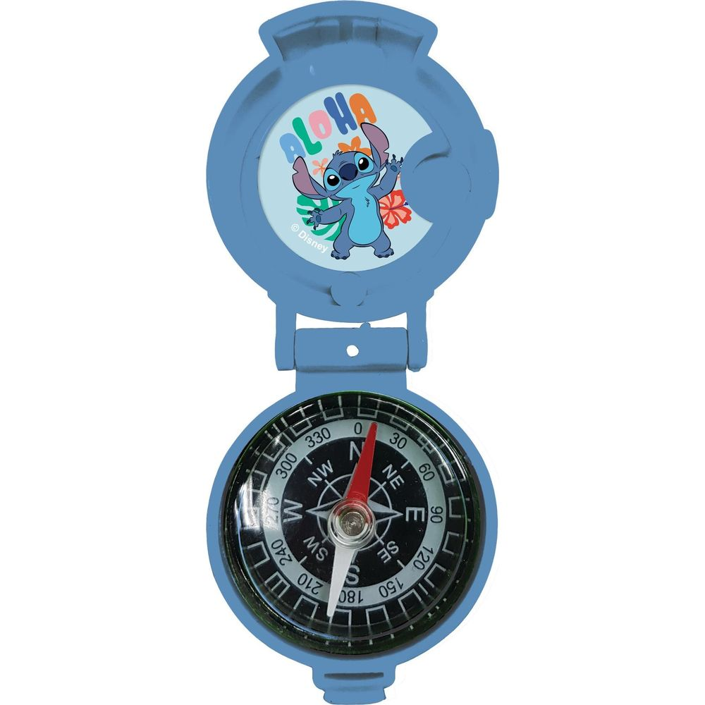 Una brújula azul con Stitch diciendo 'Aloha'.
