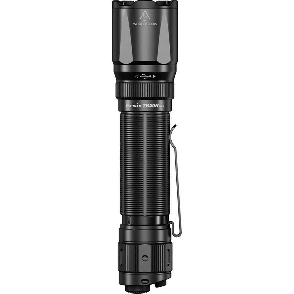 Czarna latarka Fenix TK20R V2.0 z srebrnymi akcentami i klipsem.