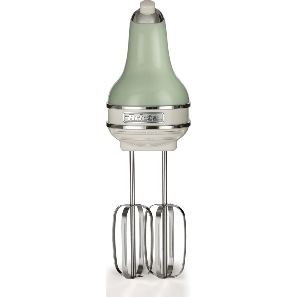 Ein hellgrüner Handmixer mit Chromdetails und zwei Rührbesen.