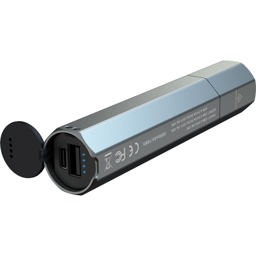 Stylo de batterie externe gris avec capuchon ouvert, ports USB-C et USB-A.
