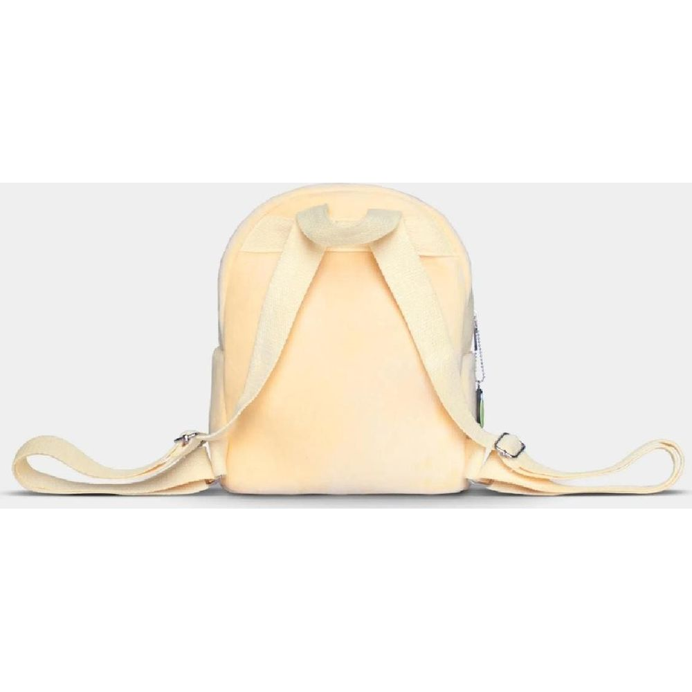 Ein hellgelber Rucksack mit cremefarbenen Trägern, von hinten gezeigt.