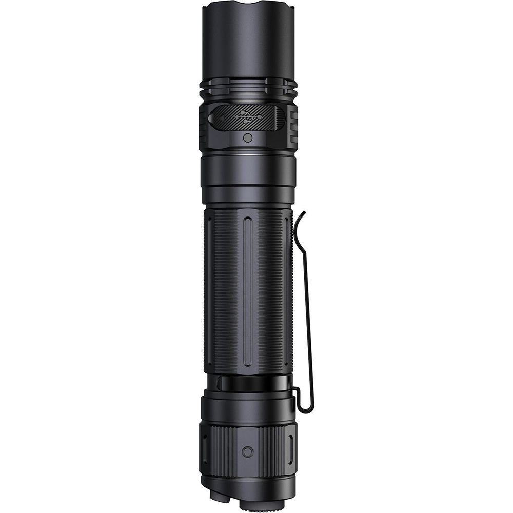 Une lampe de poche noire avec des zones de préhension texturées et un clip.
