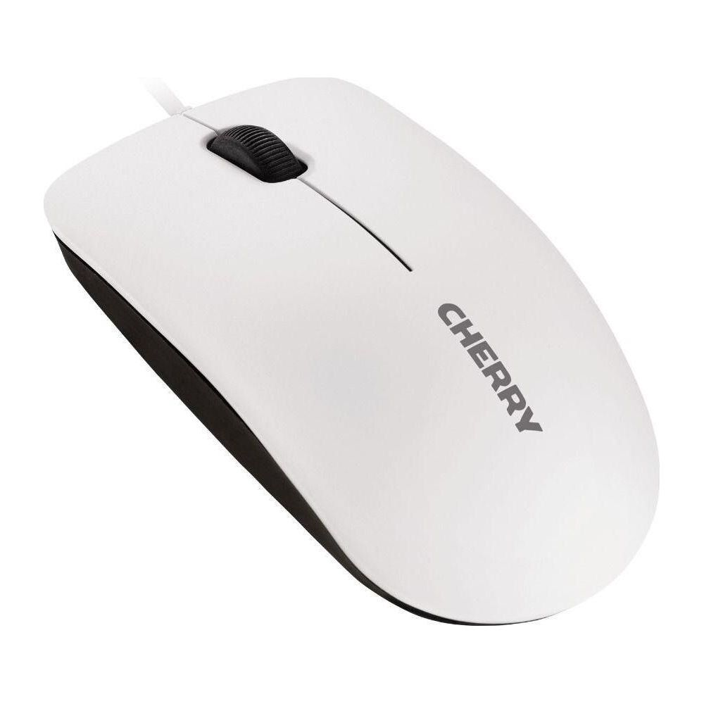 Weiße Maus mit schwarzem Scrollrad und CHERRY-Logo auf weißem Hintergrund.
