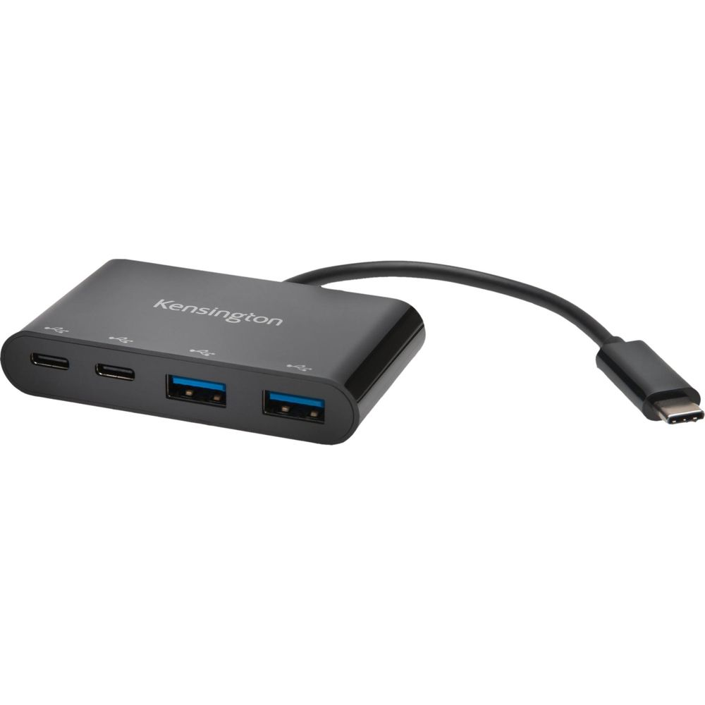 Hub USB-C negro Kensington con dos puertos USB-A y dos puertos USB-C.