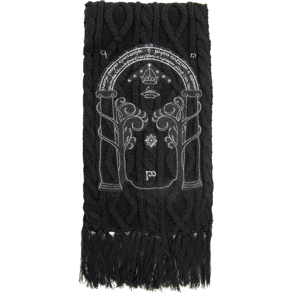 Une écharpe noire ornée d'une arche et d'une inscription brodées en blanc.