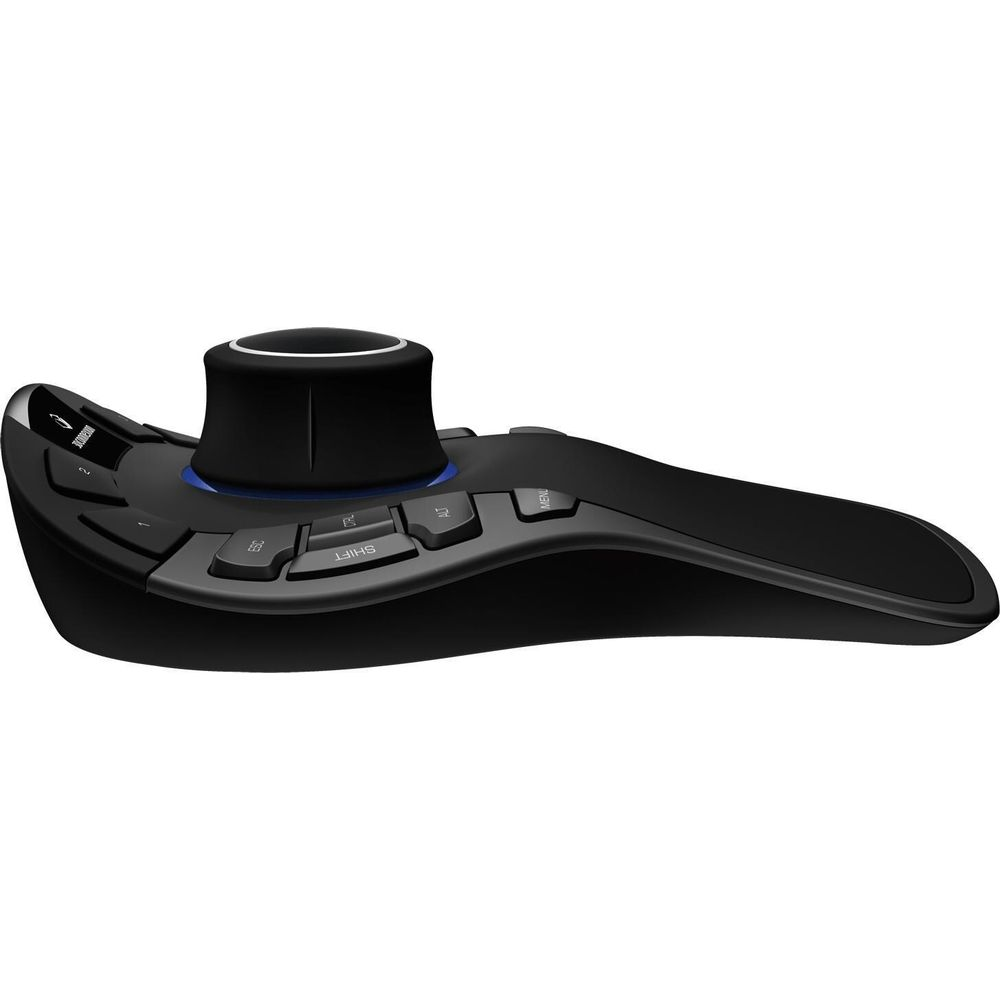 Schwarze 3D-Maus mit blauem Rad und Tasten.
