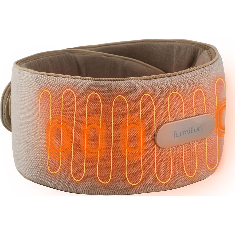 Cintura massaggiante beige con elementi riscaldanti arancioni luminosi e logo Terraillon.