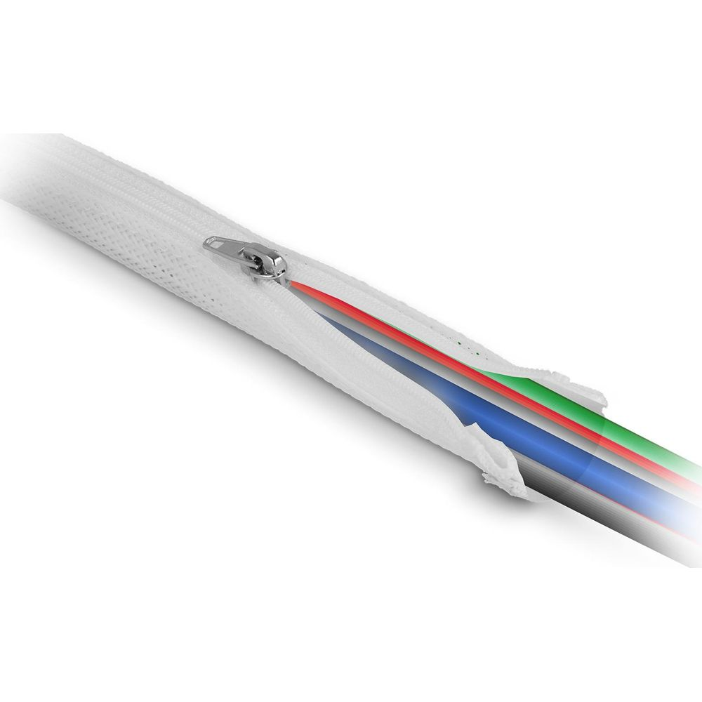 Ein weißer Kabelbinder mit Reißverschluss, der mehrere bunte Kabel enthält.