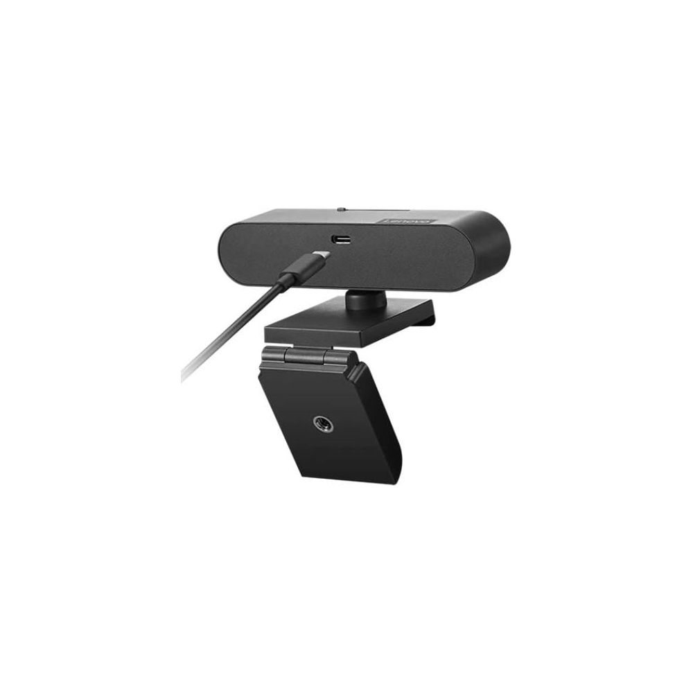 Een zwarte webcam met USB-kabel, gemonteerd op een flexibele standaard.