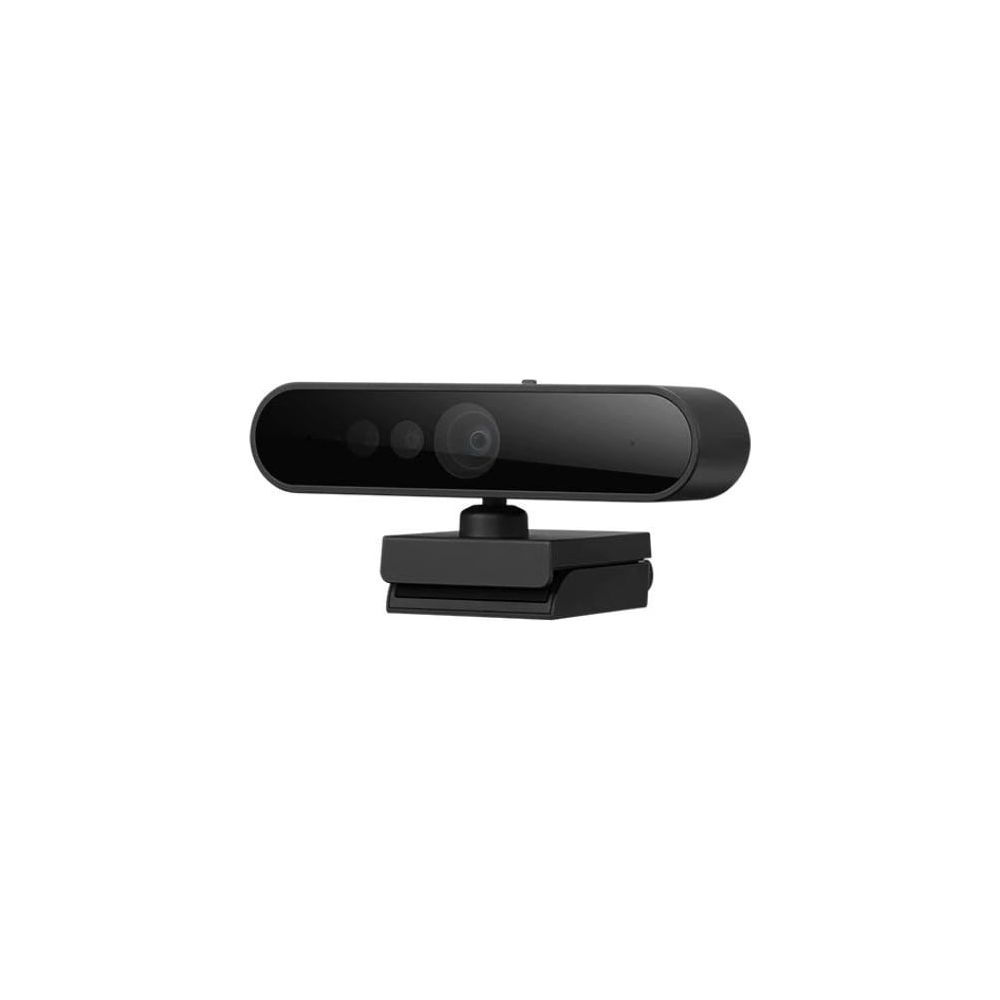Een zwarte webcam met drie lenzen en een standaard.