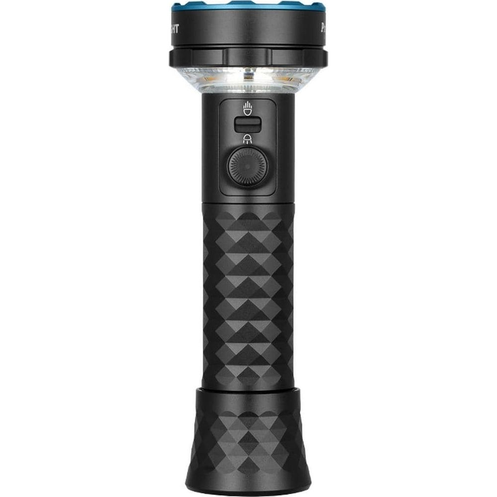 Lampe de poche noire avec anneau bleu à la tête et manche texturé.