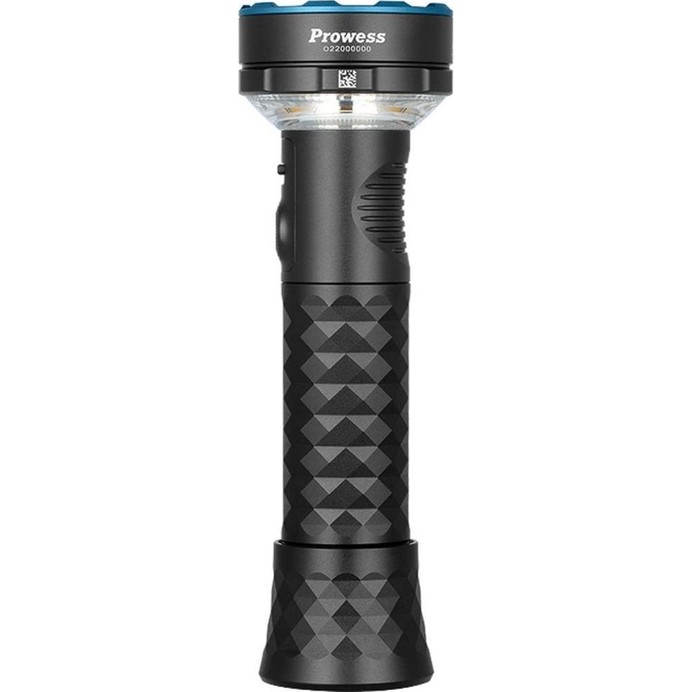 Lampe de poche noire avec tête bleue et motif en losange.