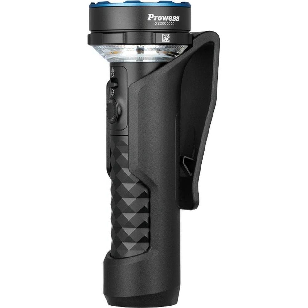 Lampe torche Prowess noire avec anneau bleu en haut et clip ceinture.