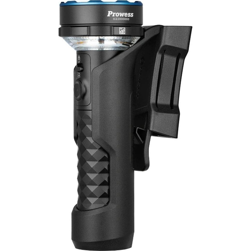 Lampe torche noire avec anneau bleu et poignée texturée.