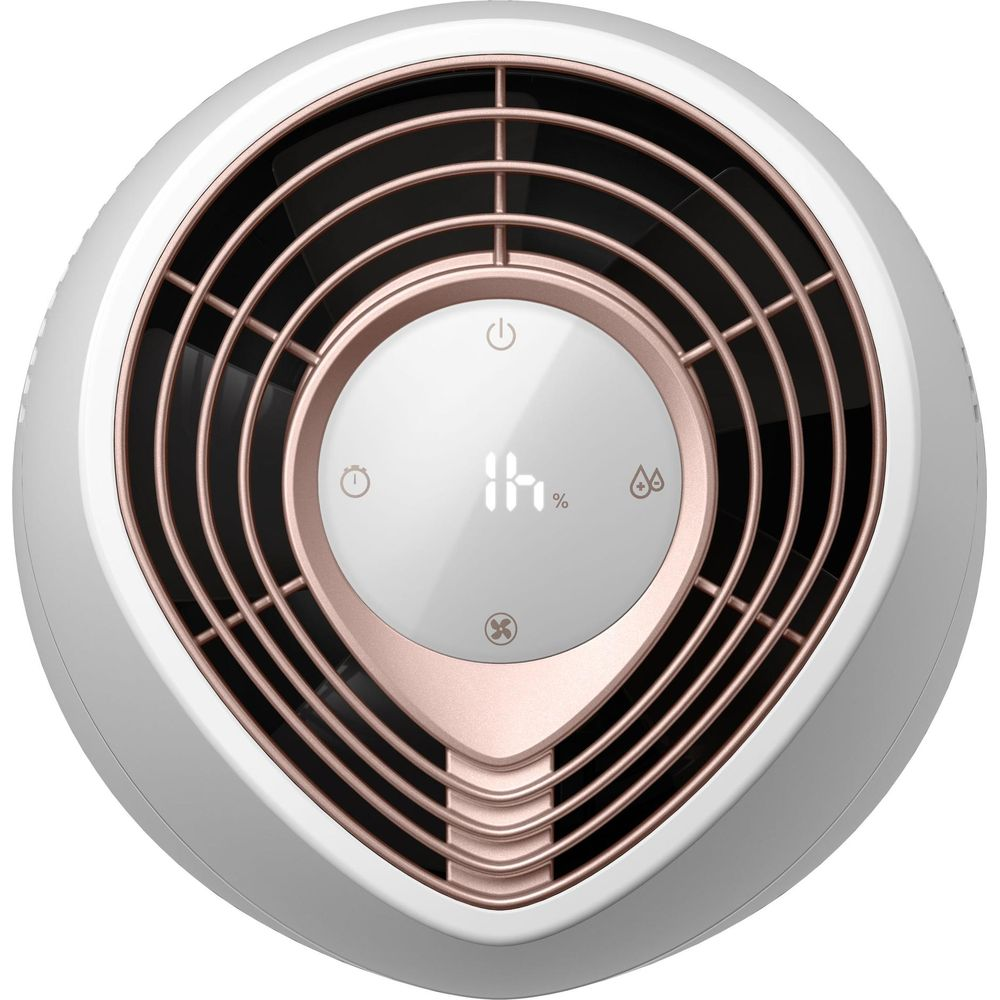 Biały oczyszczacz powietrza z siatką w kolorze różowego złota i cyfrowym wyświetlaczem.