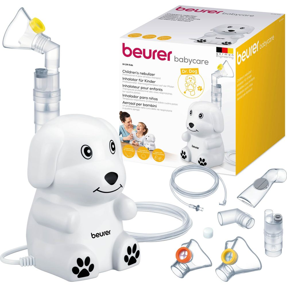 Ein weißer Hund-Inhalator von Beurer mit Zubehör und Verpackung.