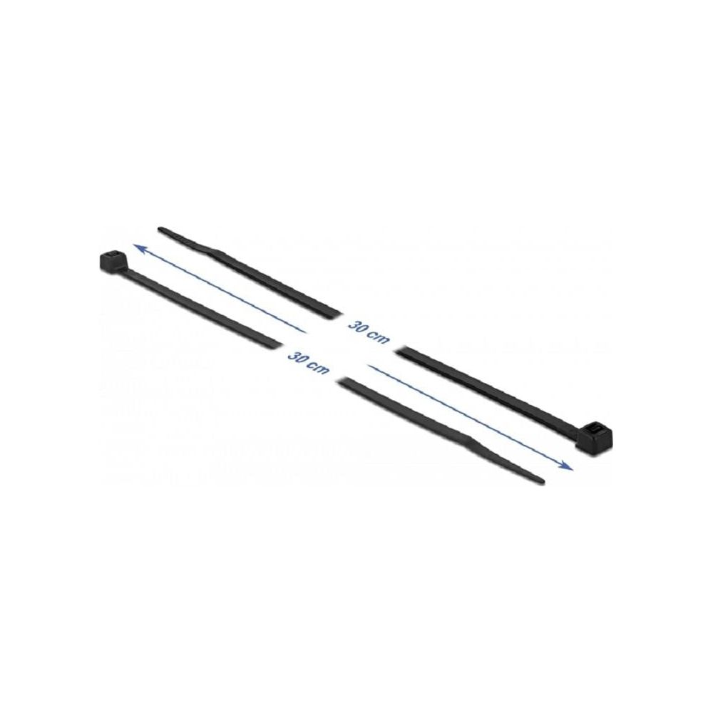 Zwei schwarze Kabelbinder, 30 cm lang, mit Pfeilen zur Längenanzeige.