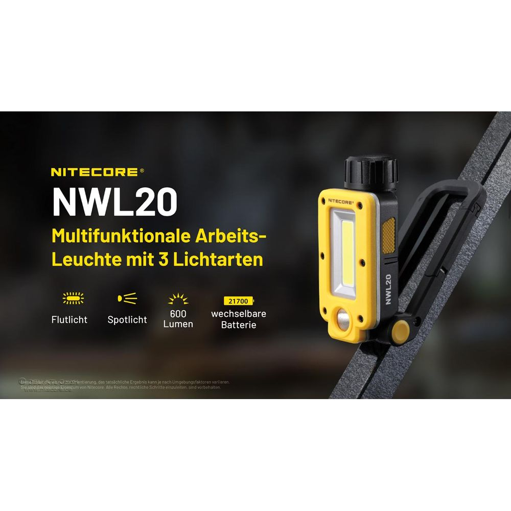 Luce da lavoro Nitecore NWL20 gialla con clip, 3 modalità luce, 600 lumen.