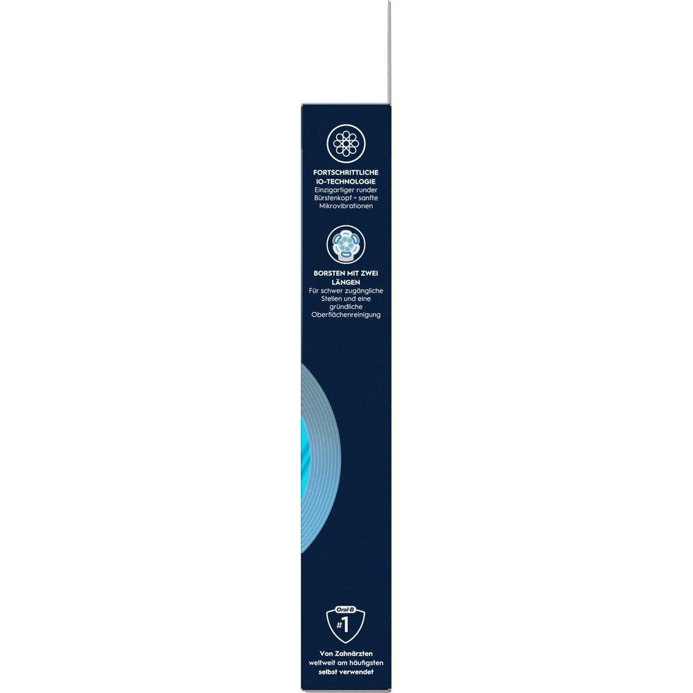 Confezione spazzolino Oral-B con testo su tecnologia IO, setole e dentisti.