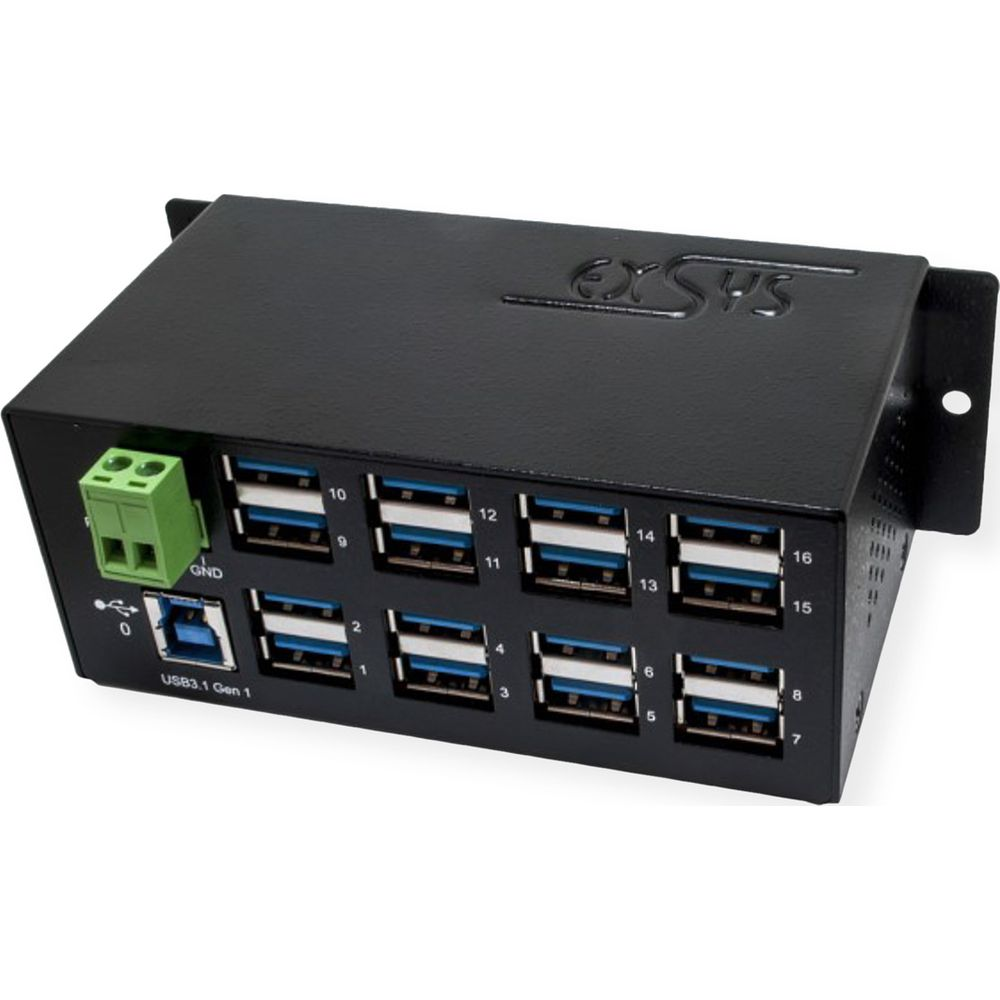 Hub USB 3.1 Gen 1 noir 16 ports avec bornier vert et ports numérotés.