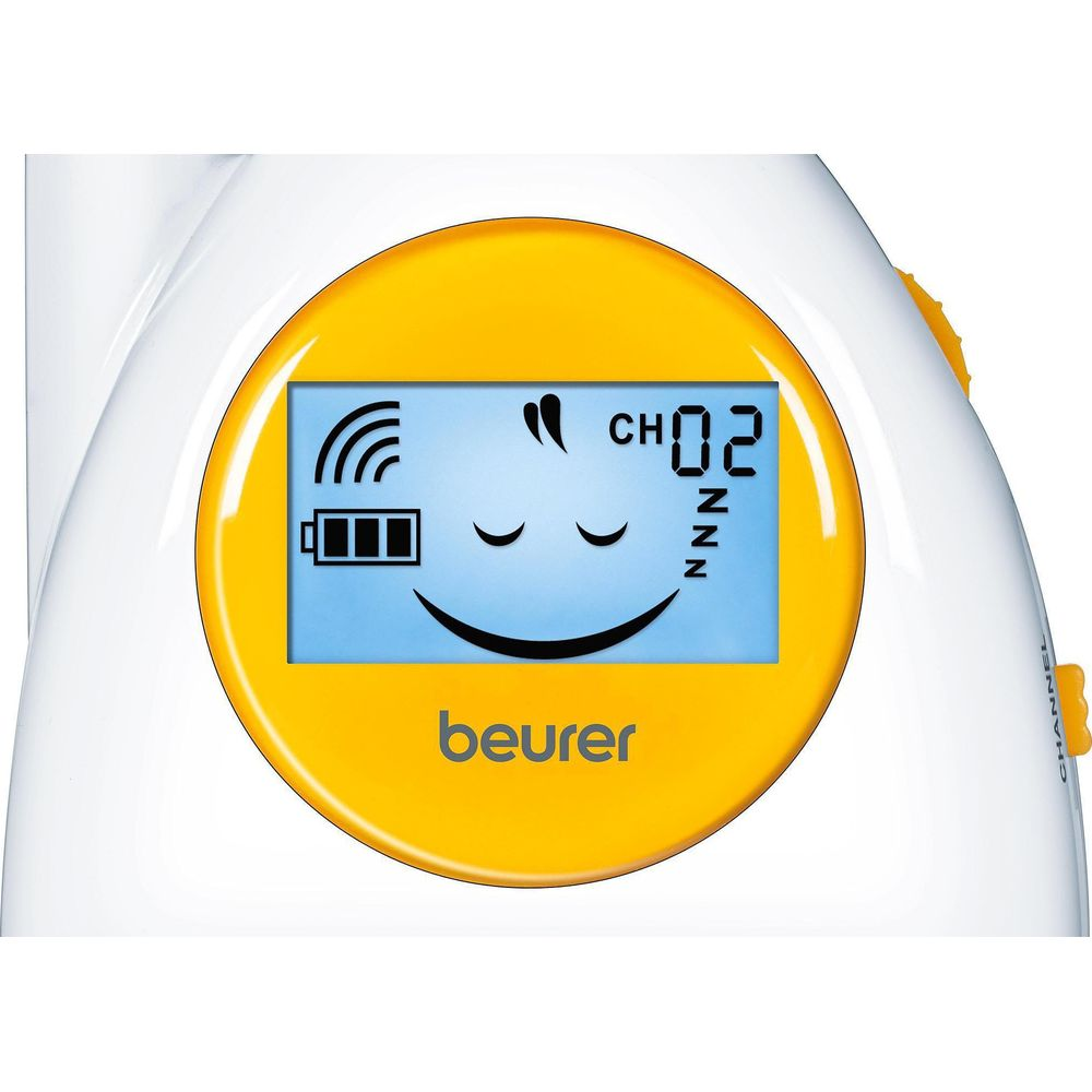 Beurer Babyphone zeigt CH02, einen Smiley, einen Akku und Signalstärke an.