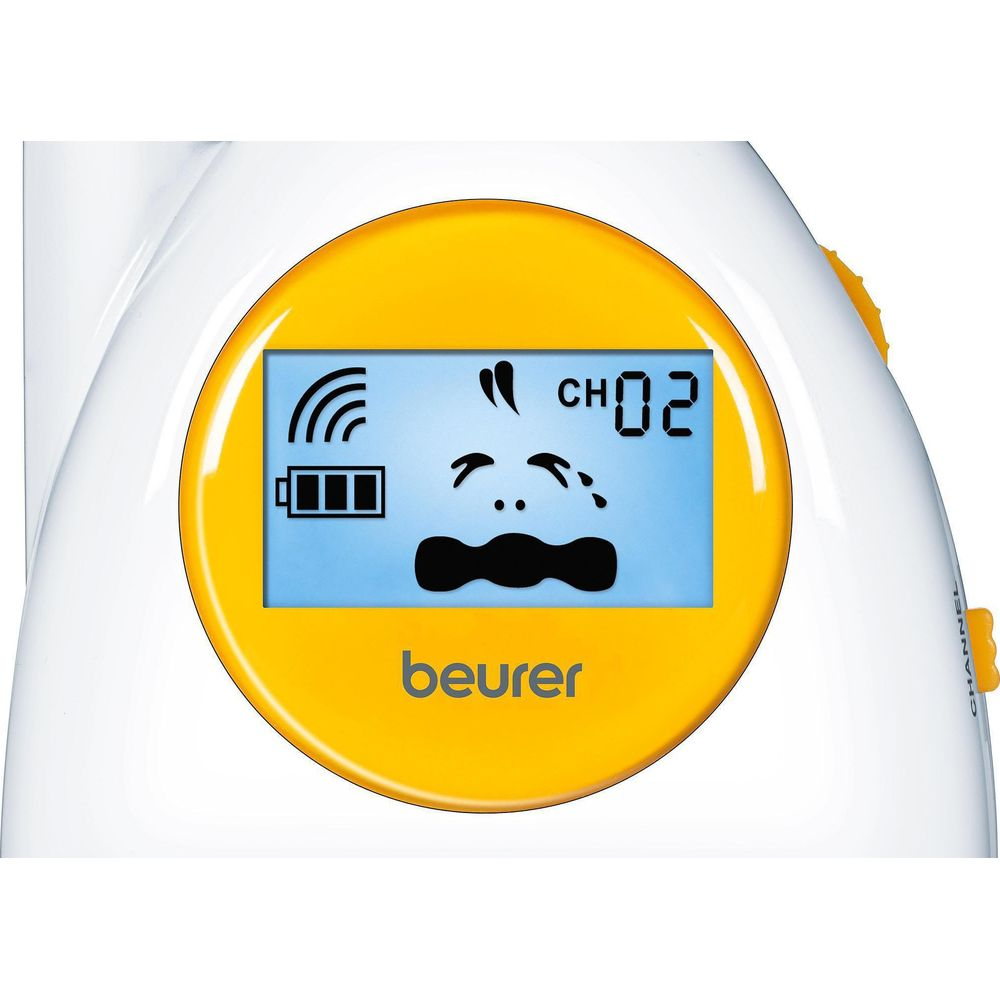 Beurer Babyphone-Display zeigt ein weinendes Gesicht, Akku und Signalstärke.