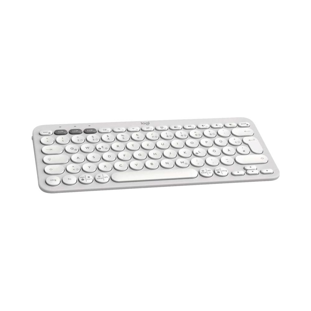 Biała klawiatura Logitech z okrągłymi klawiszami i srebrnymi akcentami na białym tle.