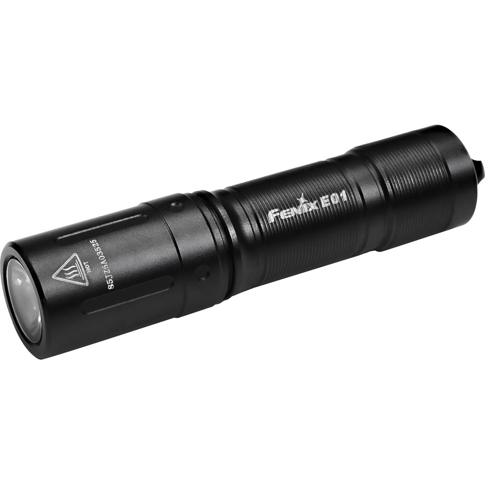 Czarna latarka z prążkowanym uchwytem i logo "Fenix