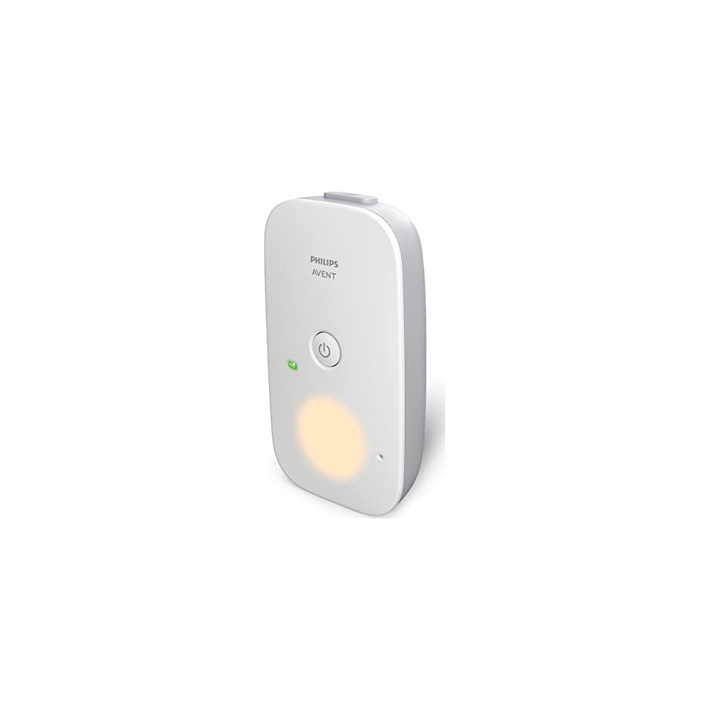 Un trasmettitore baby monitor Philips Avent bianco con cerchio illuminato e icona di accensione.