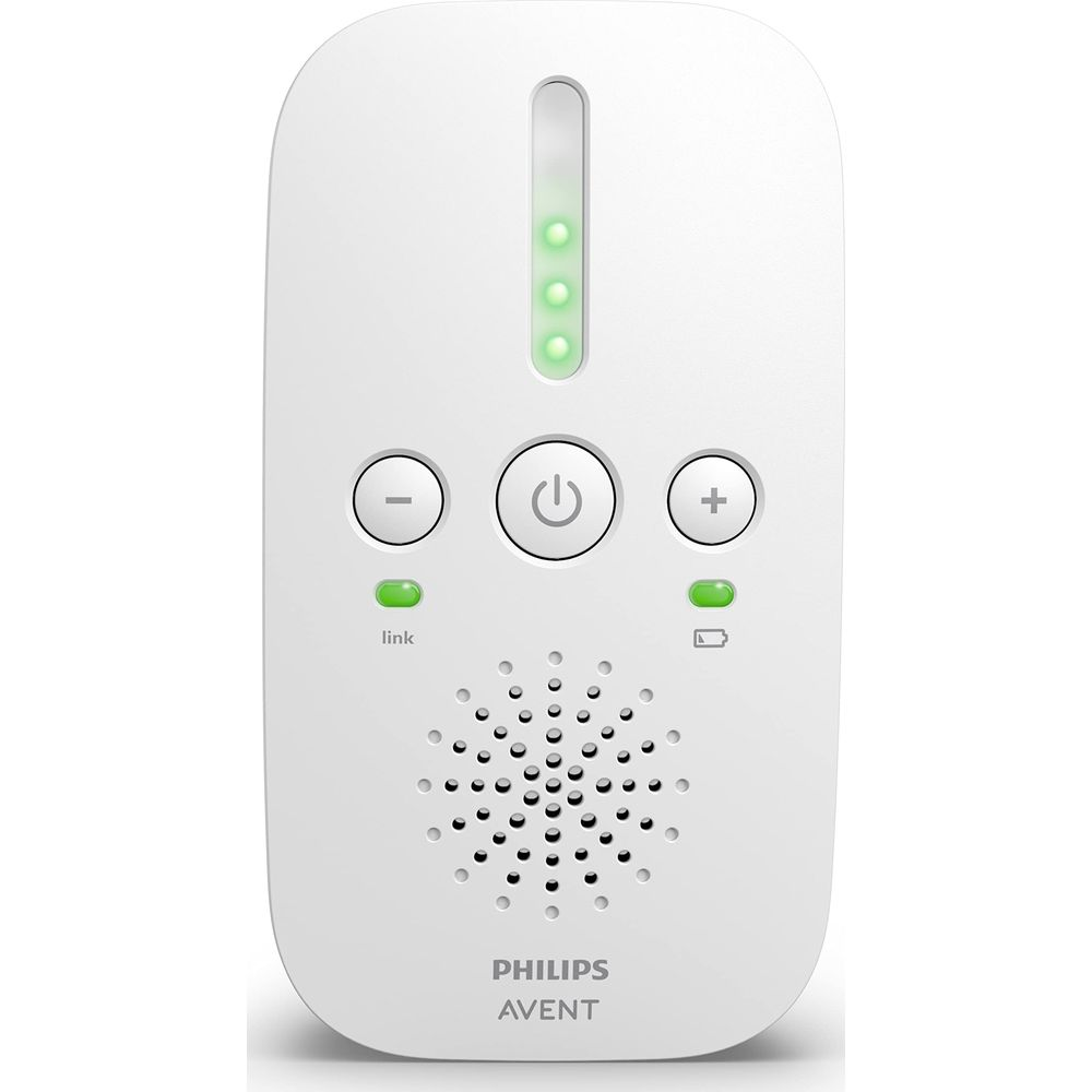 Un baby monitor Philips Avent bianco con altoparlante, pulsante di accensione e controlli volume.