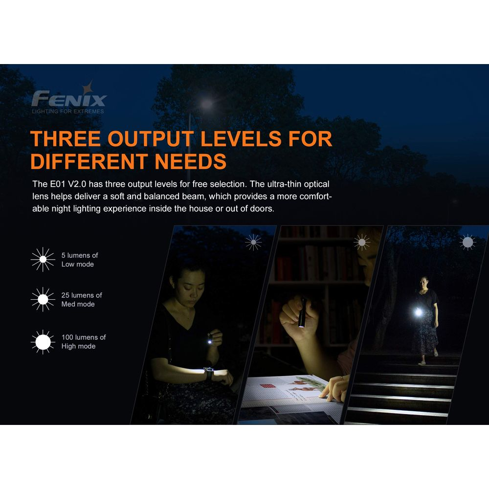 Trzy tryby latarki: Niski, Średni, Wysoki. Fenix E01 V2.0.