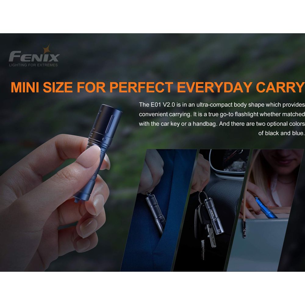 Dłoń trzyma małą niebieską latarkę. Tekst: Mini rozmiar do codziennego noszenia.