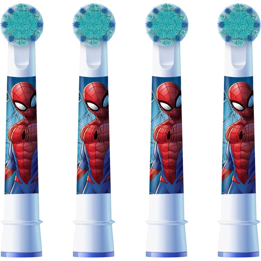Vier Ersatz-Zahnbürstenköpfe mit Spiderman-Motiv und türkisfarbenen Borsten.