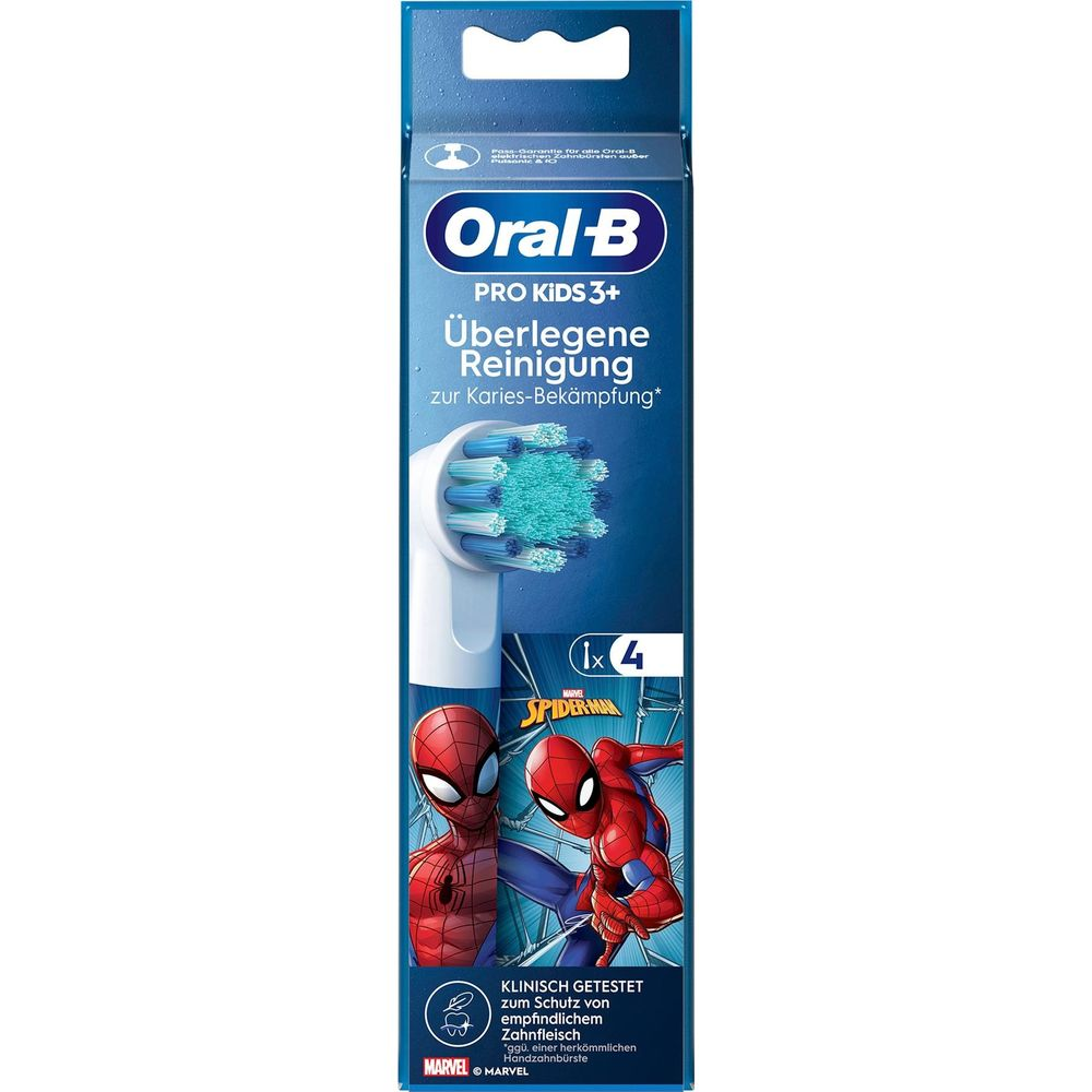 Oral-B Pro Kids 3+ Zahnbürstenkopf mit Spiderman-Design, 4 Stück.