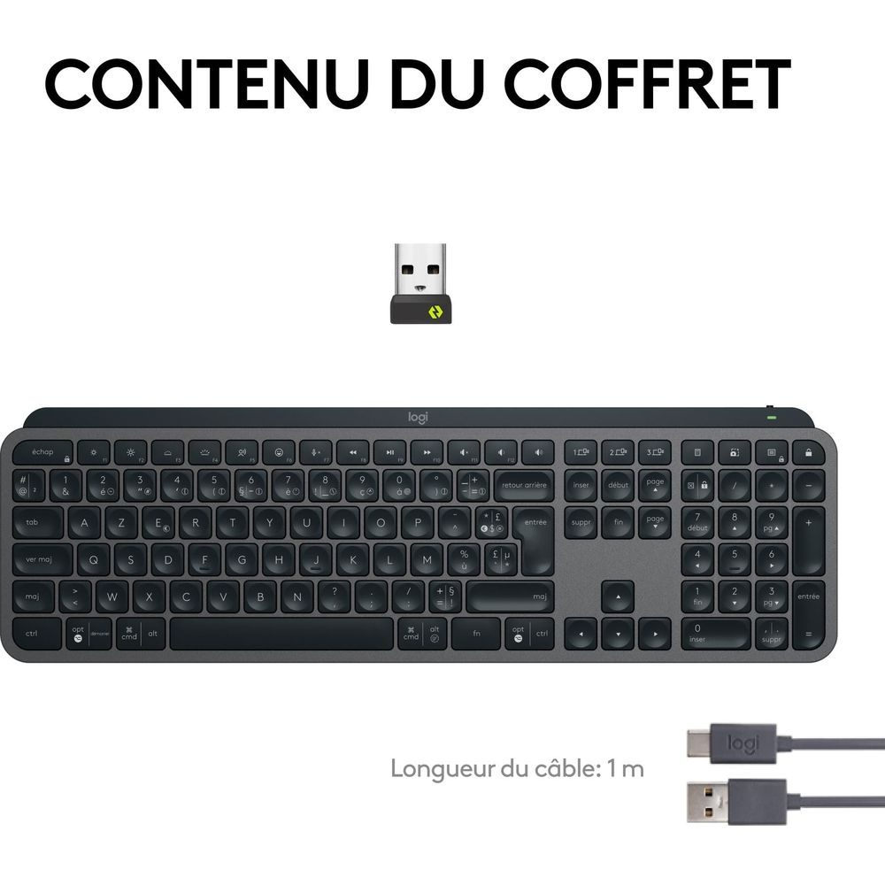 Logitech Tastatur, USB-Empfänger und Kabel auf grauem Hintergrund.