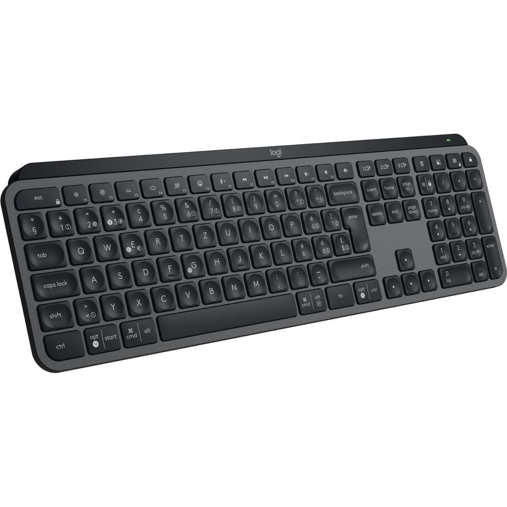 Eine dunkle, schlanke Logitech Tastatur mit vielen Tasten, einschließlich Ziffernblock.